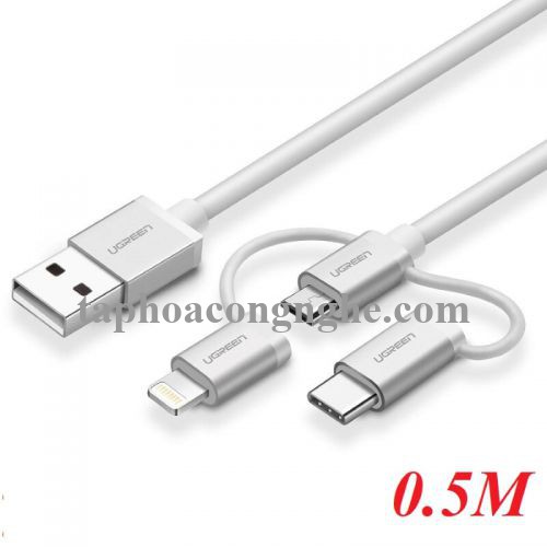 Ugreen 50201 0.5M màu Bạc Cáp sạc đa năng USB sang TypeC + Micro + Lightning US186 30050201